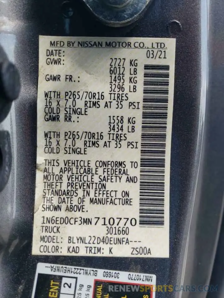 13 fotografías del automóvil dañado 1N6ED0CF3MN710770 NISSAN FRONTIER 2021