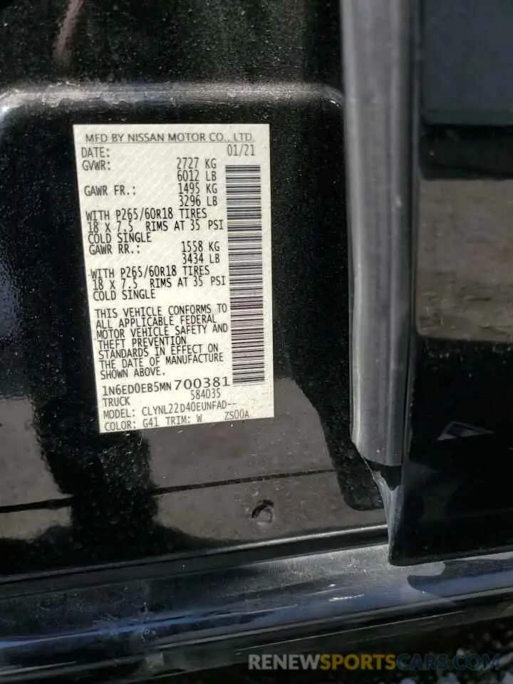 13 fotografías del automóvil dañado 1N6ED0EB5MN700381 NISSAN FRONTIER 2021