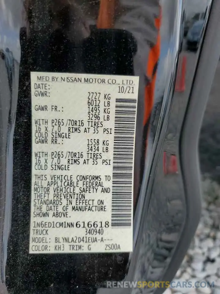 12 fotografías del automóvil dañado 1N6ED1CM1NN616618 NISSAN FRONTIER 2022