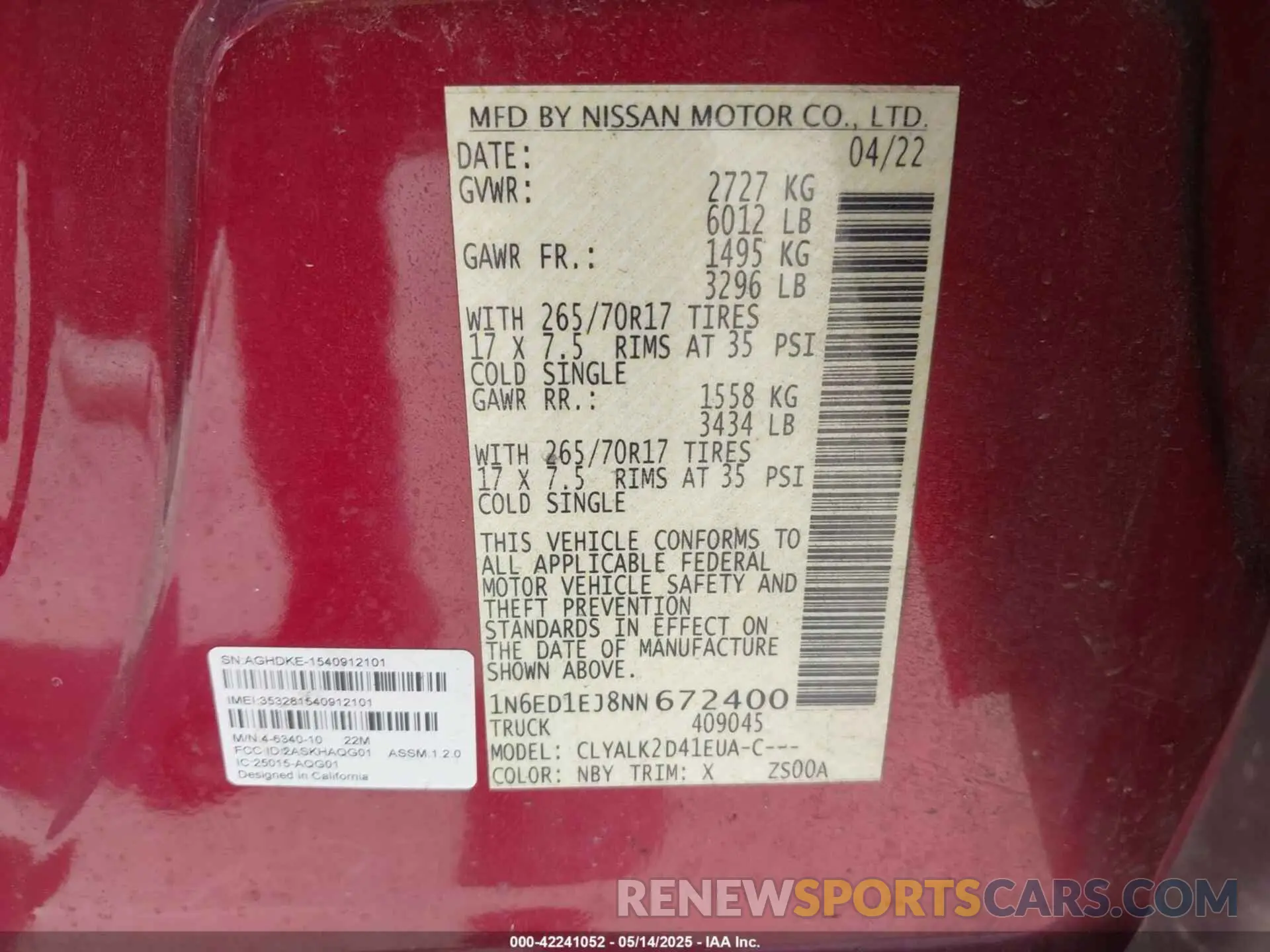 9 fotografías del automóvil dañado 1N6ED1EJ8NN672400 NISSAN FRONTIER 2022