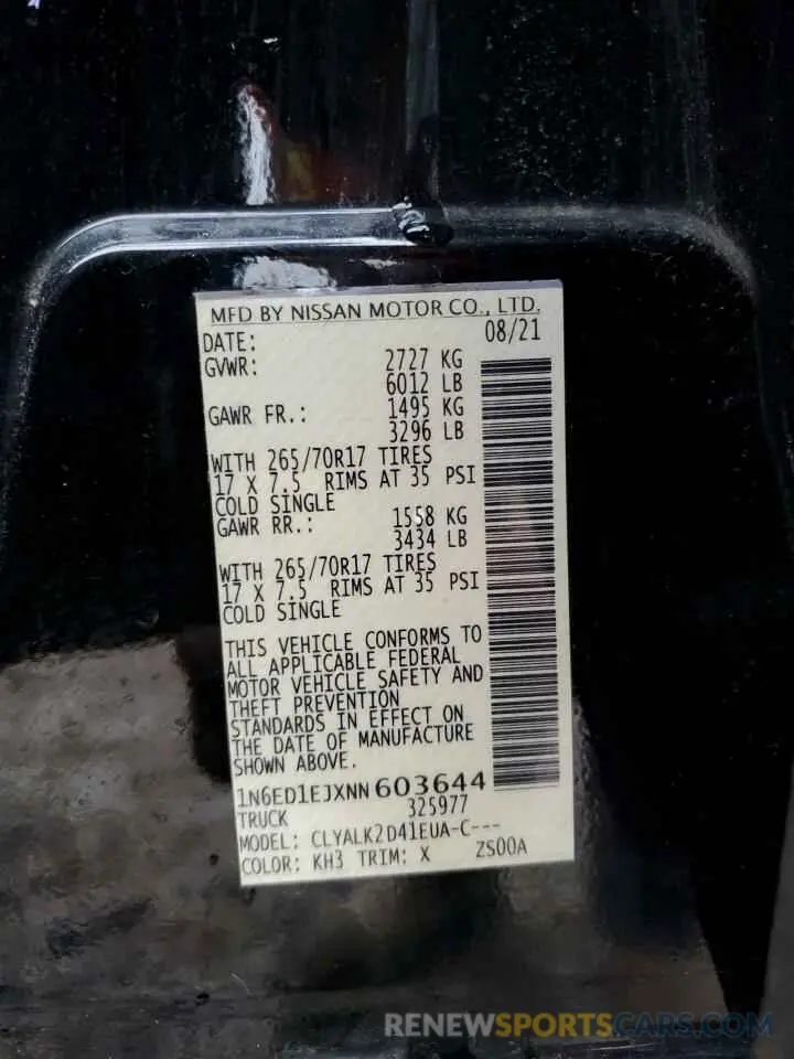 12 fotografías del automóvil dañado 1N6ED1EJXNN603644 NISSAN FRONTIER 2022