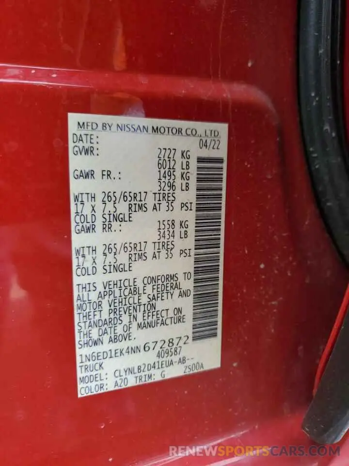 12 fotografías del automóvil dañado 1N6ED1EK4NN672872 NISSAN FRONTIER 2022