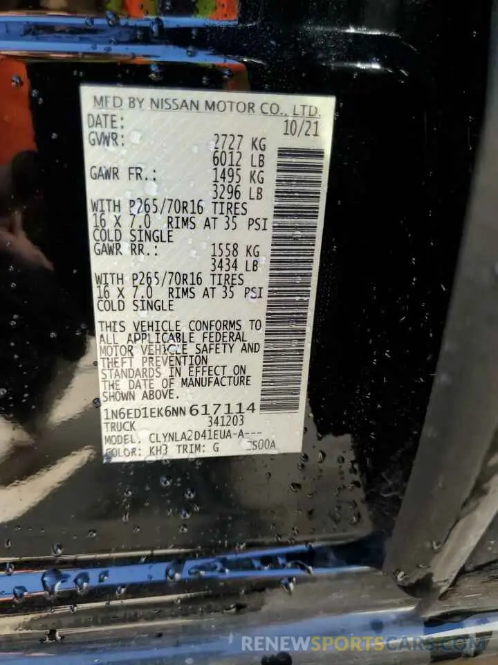 12 fotografías del automóvil dañado 1N6ED1EK6NN617114 NISSAN FRONTIER 2022