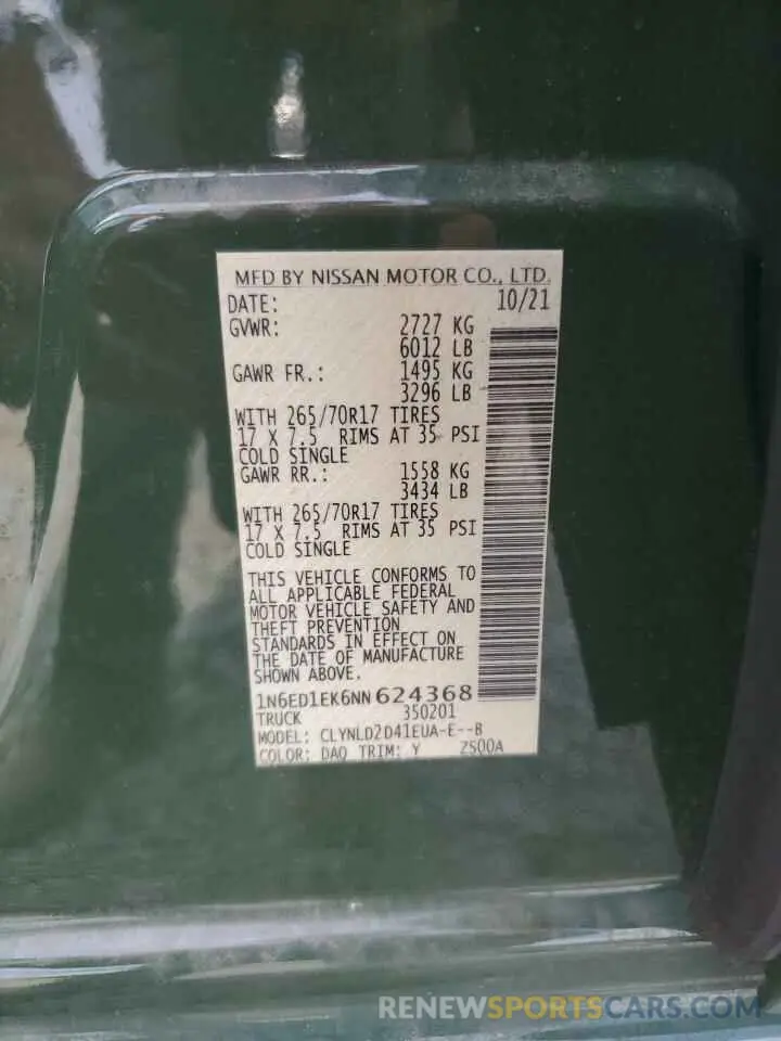 13 fotografías del automóvil dañado 1N6ED1EK6NN624368 NISSAN FRONTIER 2022