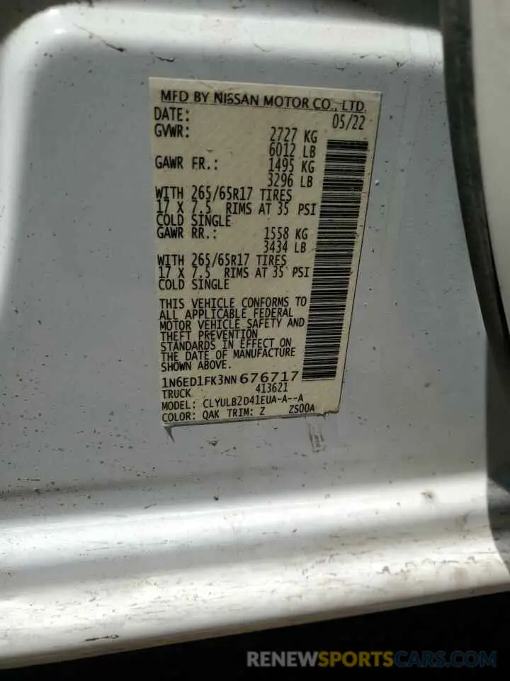 12 fotografías del automóvil dañado 1N6ED1FK3NN676717 NISSAN FRONTIER 2022