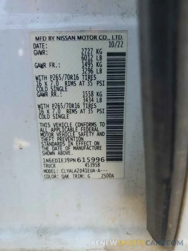 12 fotografías del automóvil dañado 1N6ED1EJ9PN615996 NISSAN FRONTIER 2023