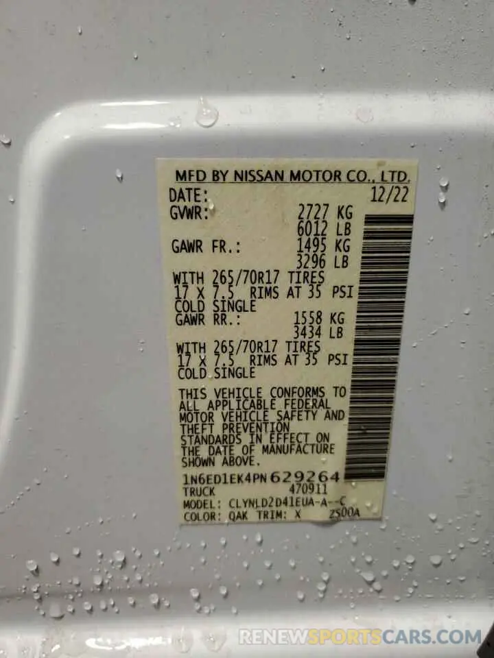 12 fotografías del automóvil dañado 1N6ED1EK4PN629264 NISSAN FRONTIER 2023