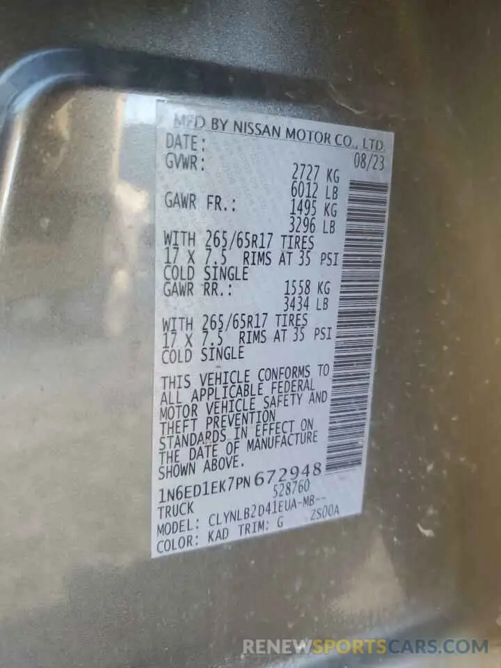 14 fotografías del automóvil dañado 1N6ED1EK7PN672948 NISSAN FRONTIER 2023