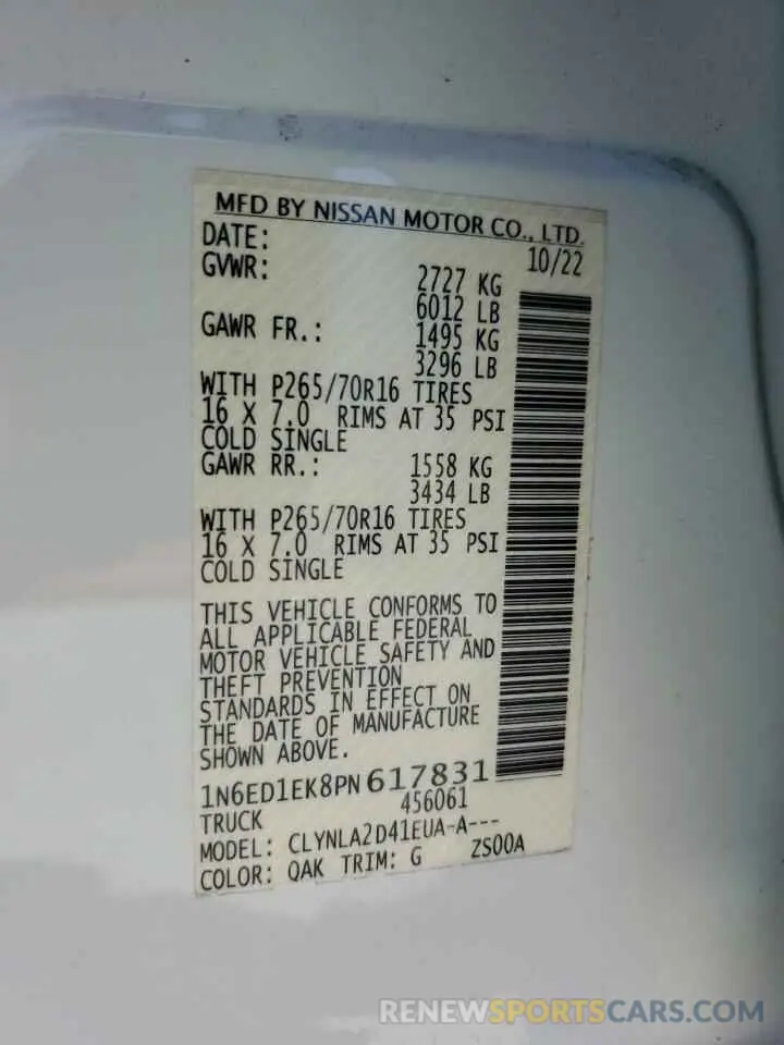 12 fotografías del automóvil dañado 1N6ED1EK8PN617831 NISSAN FRONTIER 2023