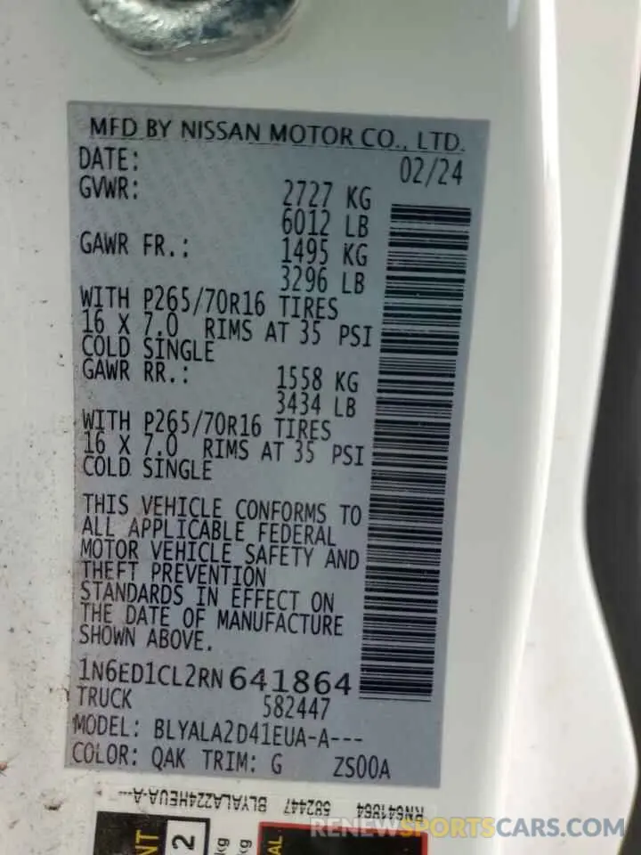 14 fotografías del automóvil dañado 1N6ED1CL2RN641864 NISSAN FRONTIER 2024