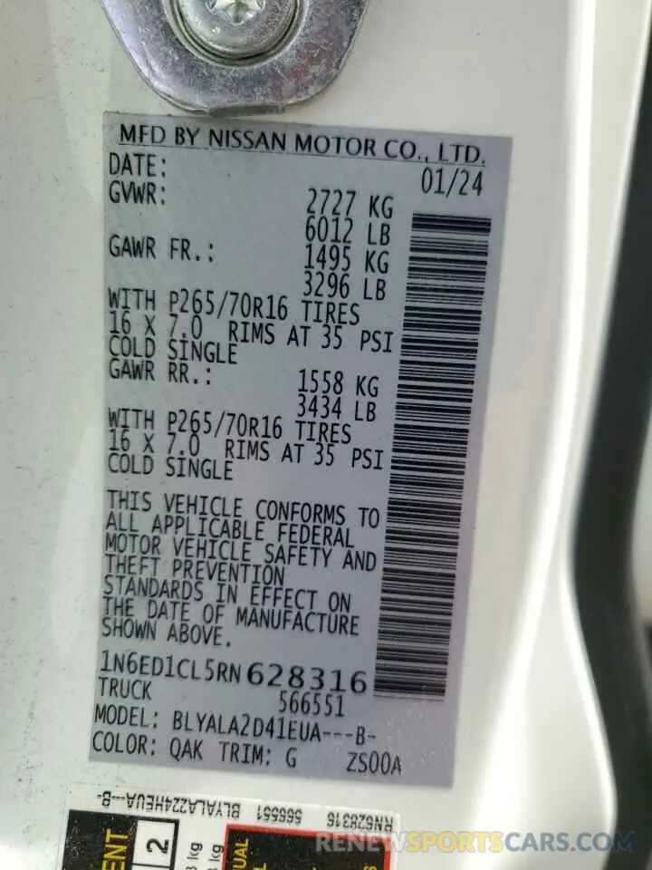 12 fotografías del automóvil dañado 1N6ED1CL5RN628316 NISSAN FRONTIER 2024