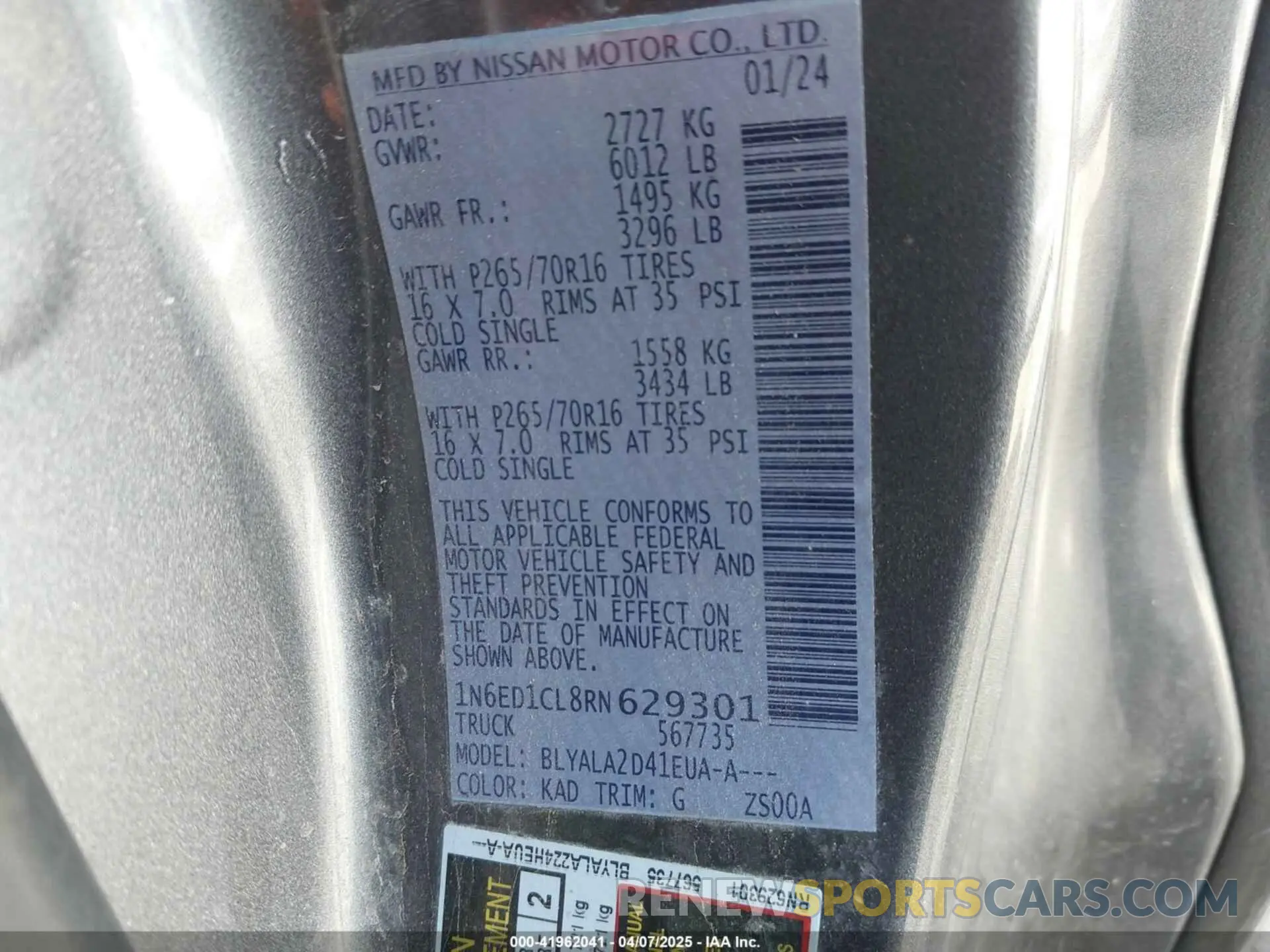 9 fotografías del automóvil dañado 1N6ED1CL8RN629301 NISSAN FRONTIER 2024