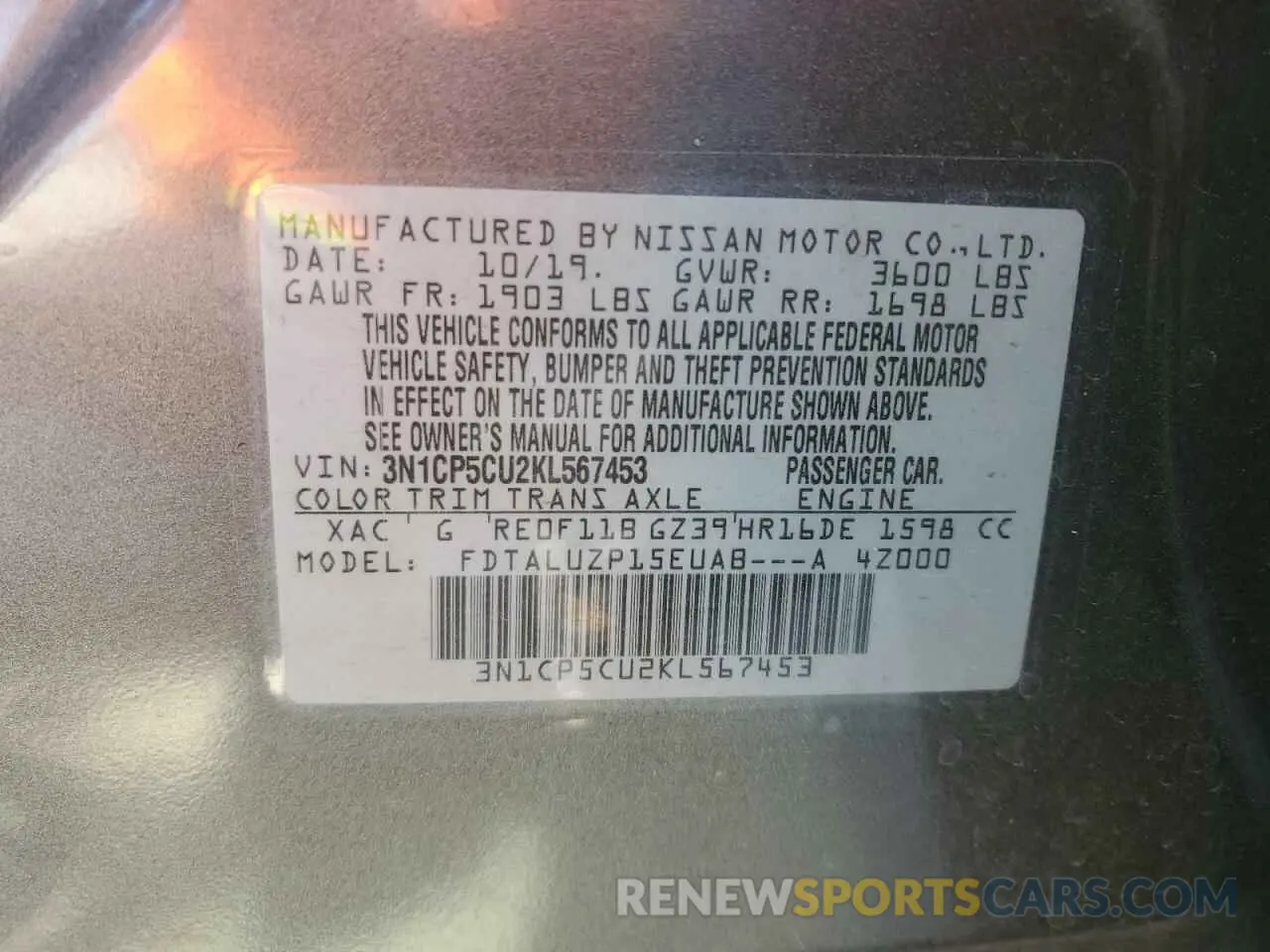 16 fotografías del automóvil dañado 3N1CP5CU2KL567453 NISSAN KICKS 2019