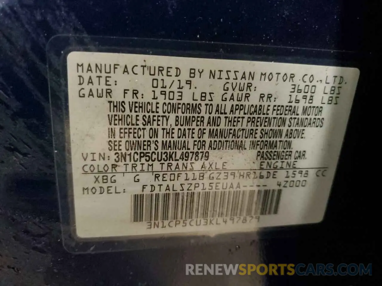 13 fotografías del automóvil dañado 3N1CP5CU3KL497879 NISSAN KICKS 2019