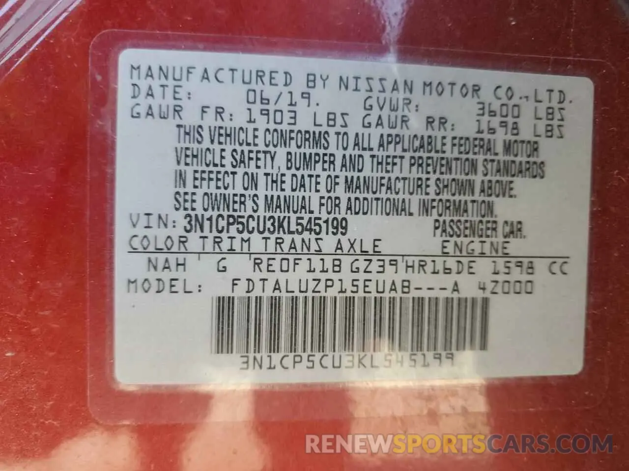 14 fotografías del automóvil dañado 3N1CP5CU3KL545199 NISSAN KICKS 2019