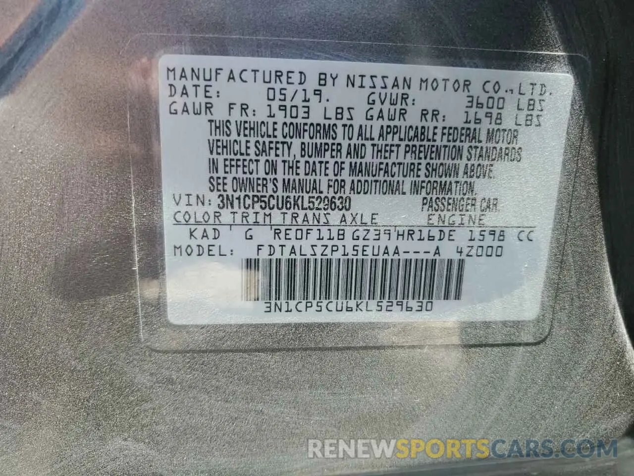 13 fotografías del automóvil dañado 3N1CP5CU6KL529630 NISSAN KICKS 2019