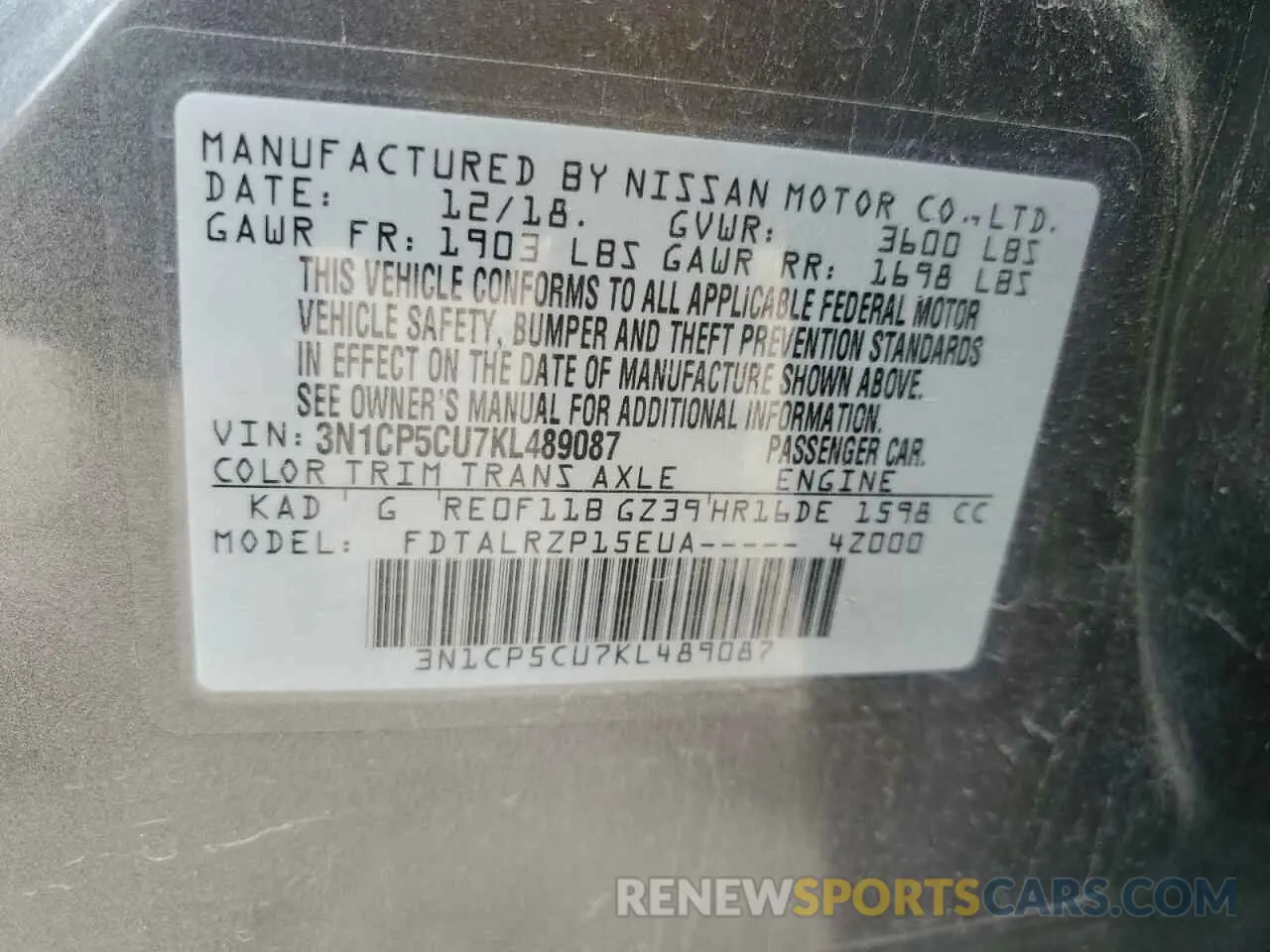 13 fotografías del automóvil dañado 3N1CP5CU7KL489087 NISSAN KICKS 2019