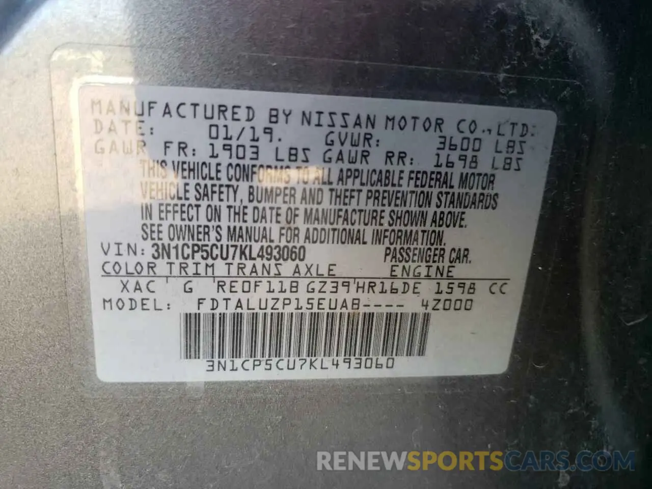 13 fotografías del automóvil dañado 3N1CP5CU7KL493060 NISSAN KICKS 2019