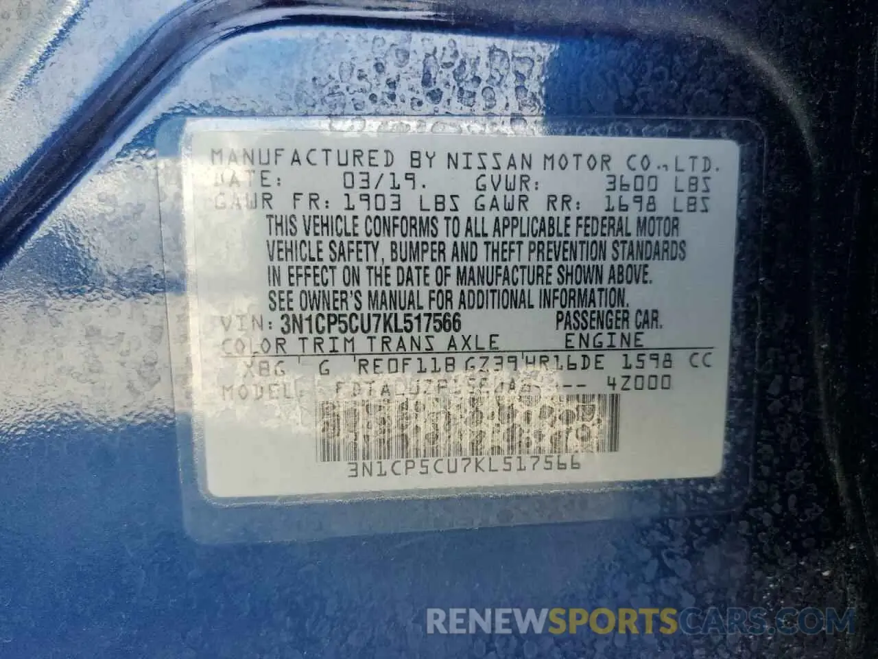 12 fotografías del automóvil dañado 3N1CP5CU7KL517566 NISSAN KICKS 2019