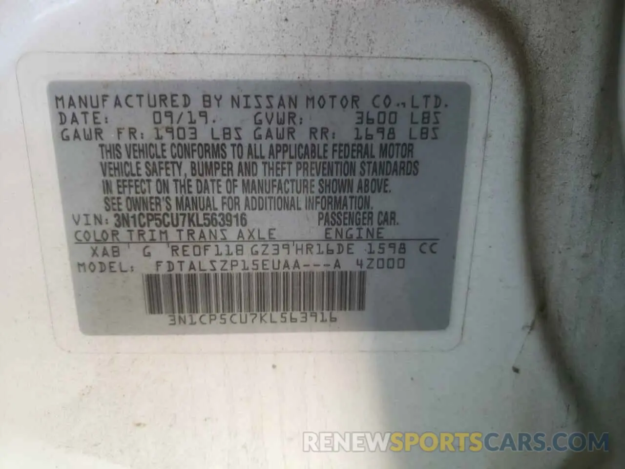 14 fotografías del automóvil dañado 3N1CP5CU7KL563916 NISSAN KICKS 2019