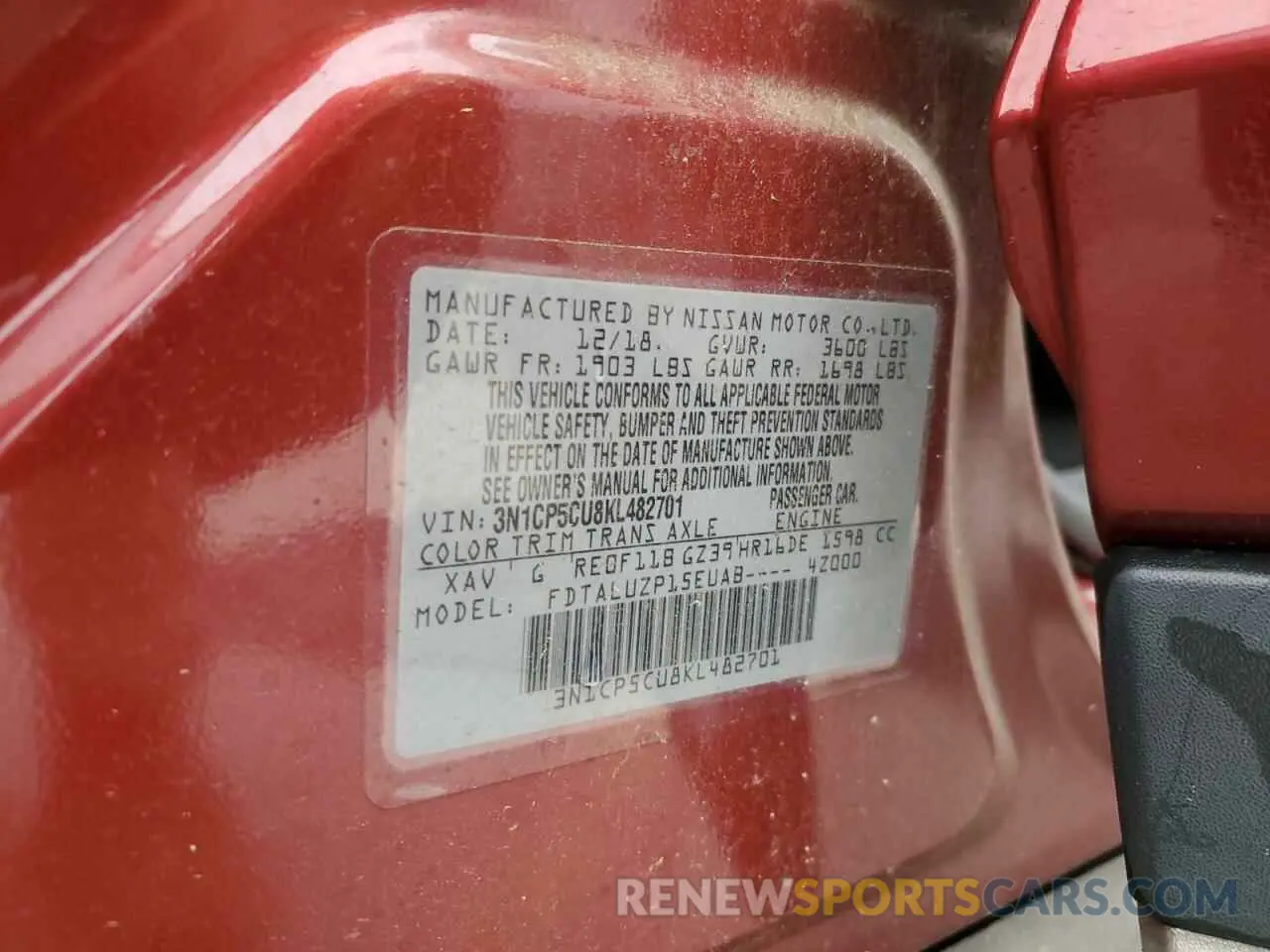 13 fotografías del automóvil dañado 3N1CP5CU8KL482701 NISSAN KICKS 2019