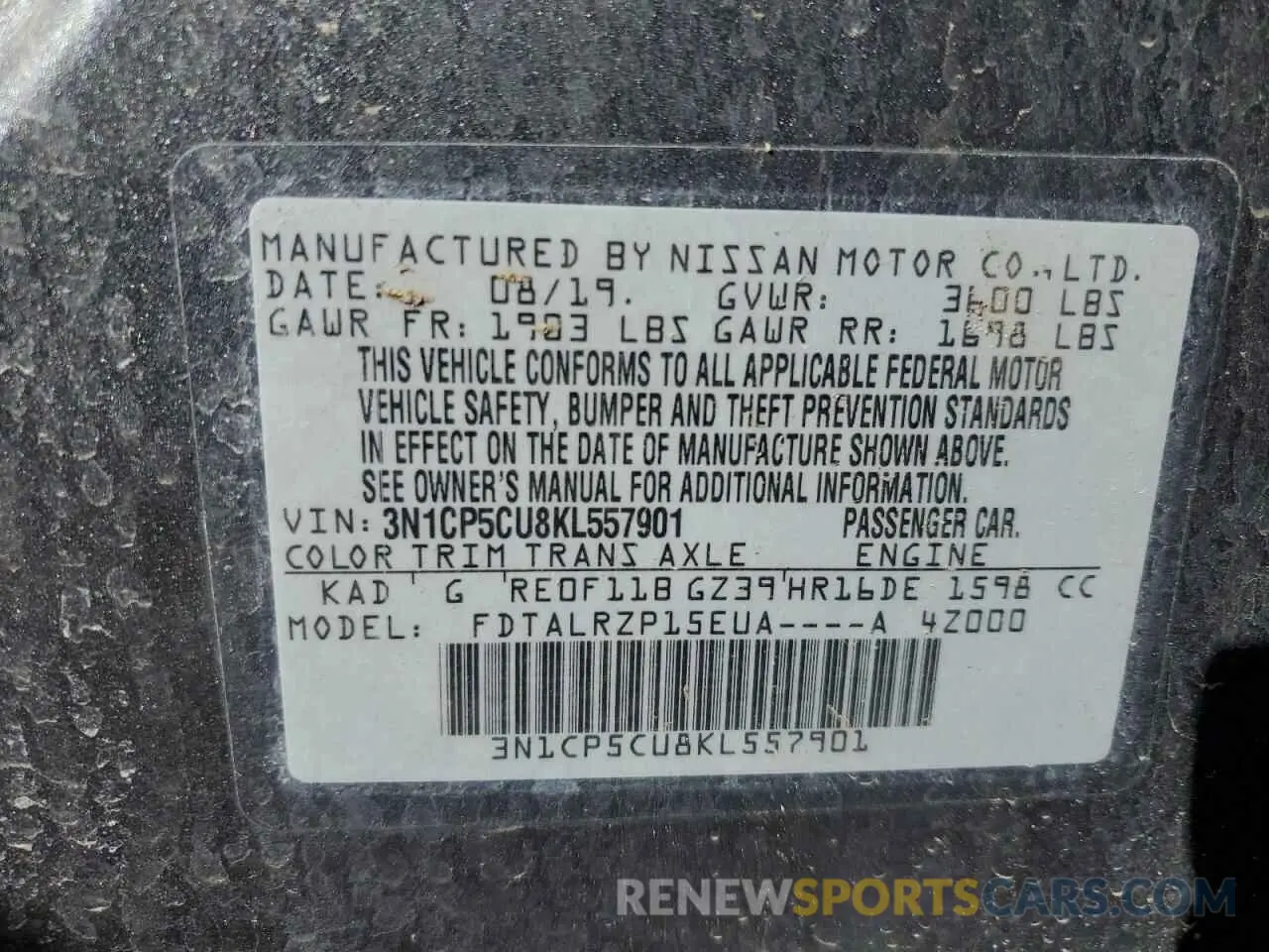 13 fotografías del automóvil dañado 3N1CP5CU8KL557901 NISSAN KICKS 2019