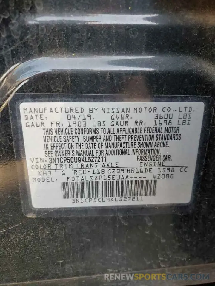 14 fotografías del automóvil dañado 3N1CP5CU9KL527211 NISSAN KICKS 2019