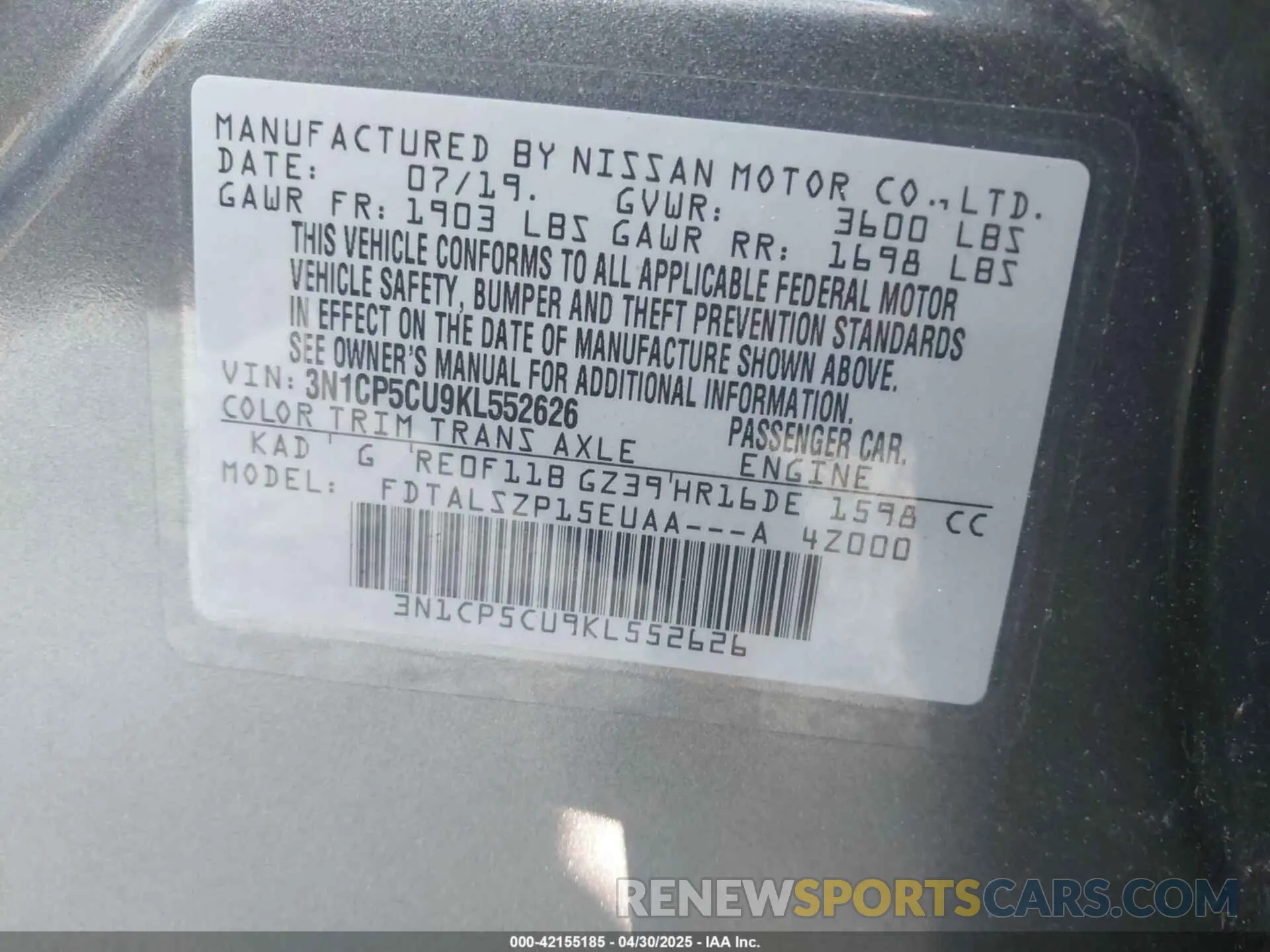 9 fotografías del automóvil dañado 3N1CP5CU9KL552626 NISSAN KICKS 2019