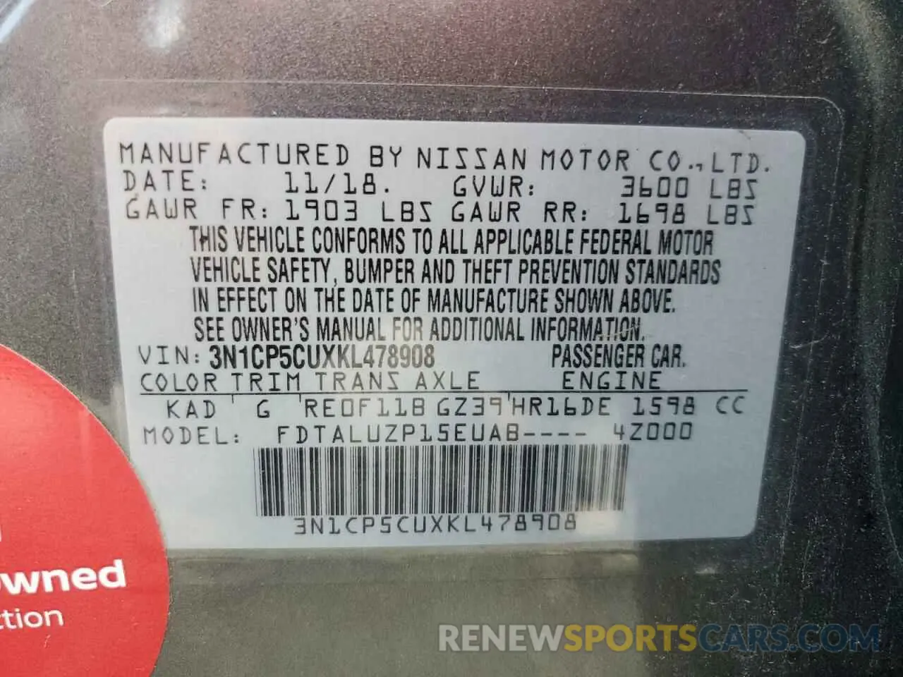 13 fotografías del automóvil dañado 3N1CP5CUXKL478908 NISSAN KICKS 2019