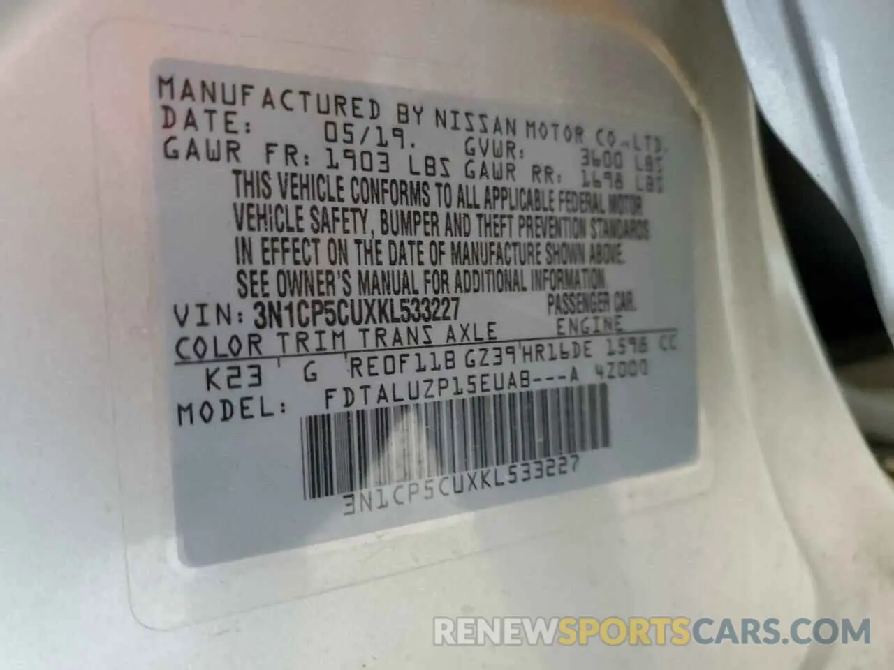 16 fotografías del automóvil dañado 3N1CP5CUXKL533227 NISSAN KICKS 2019