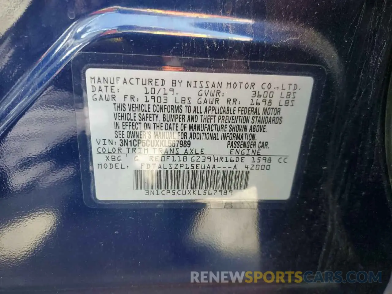 16 fotografías del automóvil dañado 3N1CP5CUXKL567989 NISSAN KICKS 2019