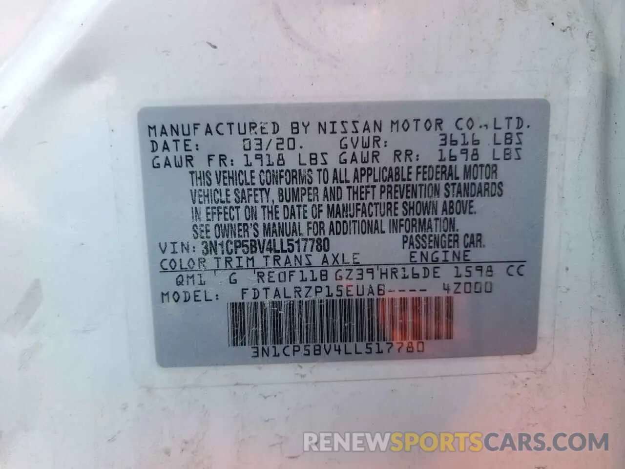 12 fotografías del automóvil dañado 3N1CP5BV4LL517780 NISSAN KICKS 2020
