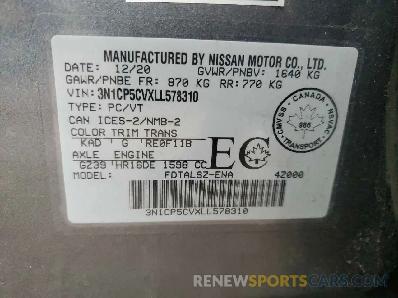 12 fotografías del automóvil dañado 3N1CP5CVXLL578310 NISSAN KICKS 2020