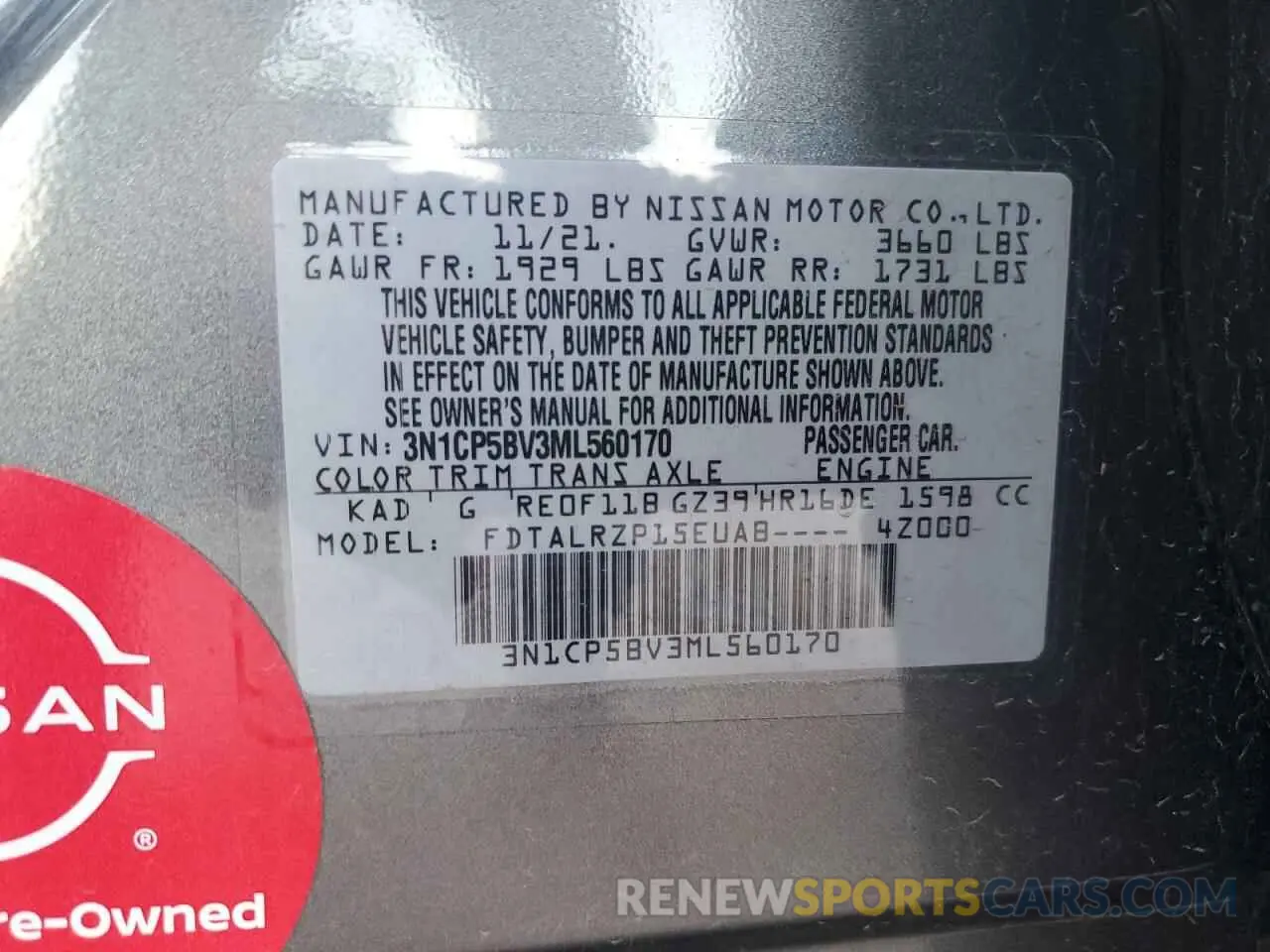 13 fotografías del automóvil dañado 3N1CP5BV3ML560170 NISSAN KICKS 2021