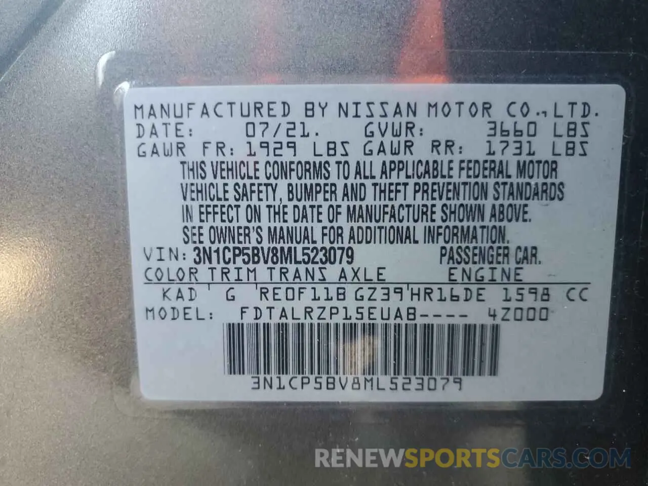 16 fotografías del automóvil dañado 3N1CP5BV8ML523079 NISSAN KICKS 2021