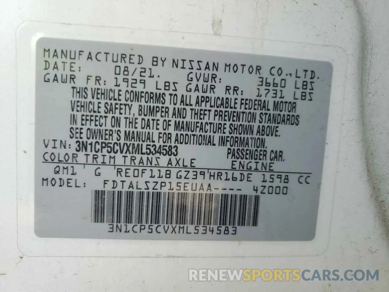 16 fotografías del automóvil dañado 3N1CP5CVXML534583 NISSAN KICKS 2021