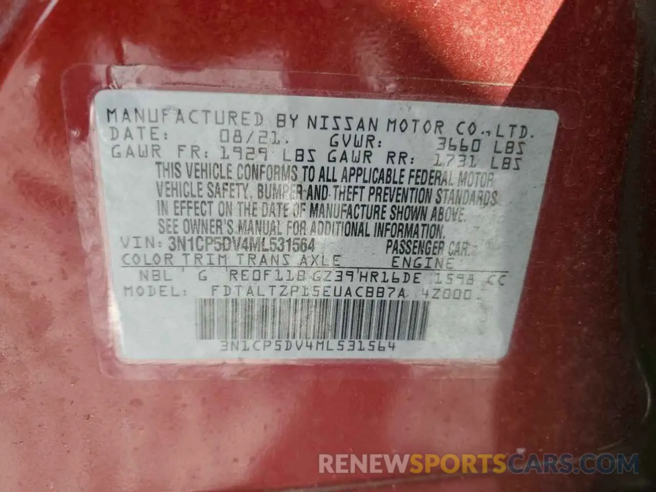 15 fotografías del automóvil dañado 3N1CP5DV4ML531564 NISSAN KICKS 2021