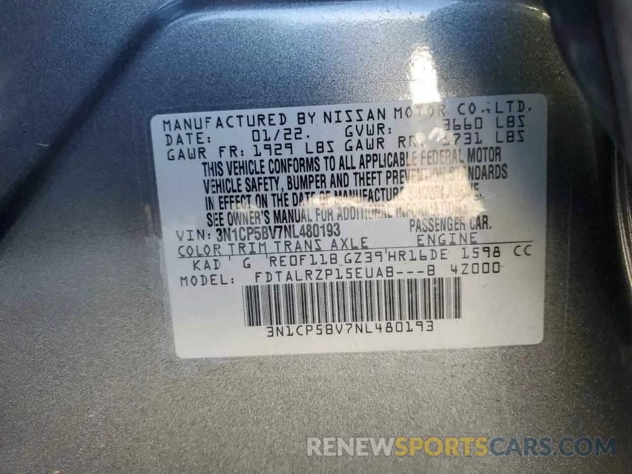 14 fotografías del automóvil dañado 3N1CP5BV7NL480193 NISSAN KICKS 2022