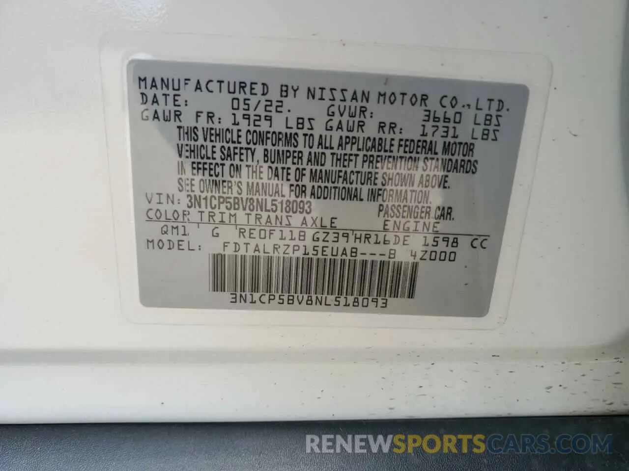 12 fotografías del automóvil dañado 3N1CP5BV8NL518093 NISSAN KICKS 2022