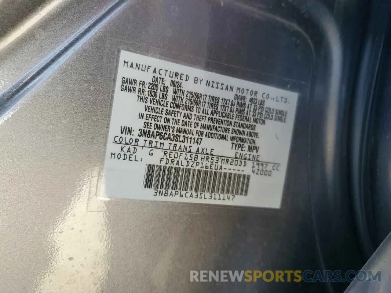 13 fotografías del automóvil dañado 3N8AP6CA3SL311147 NISSAN KICKS 2025