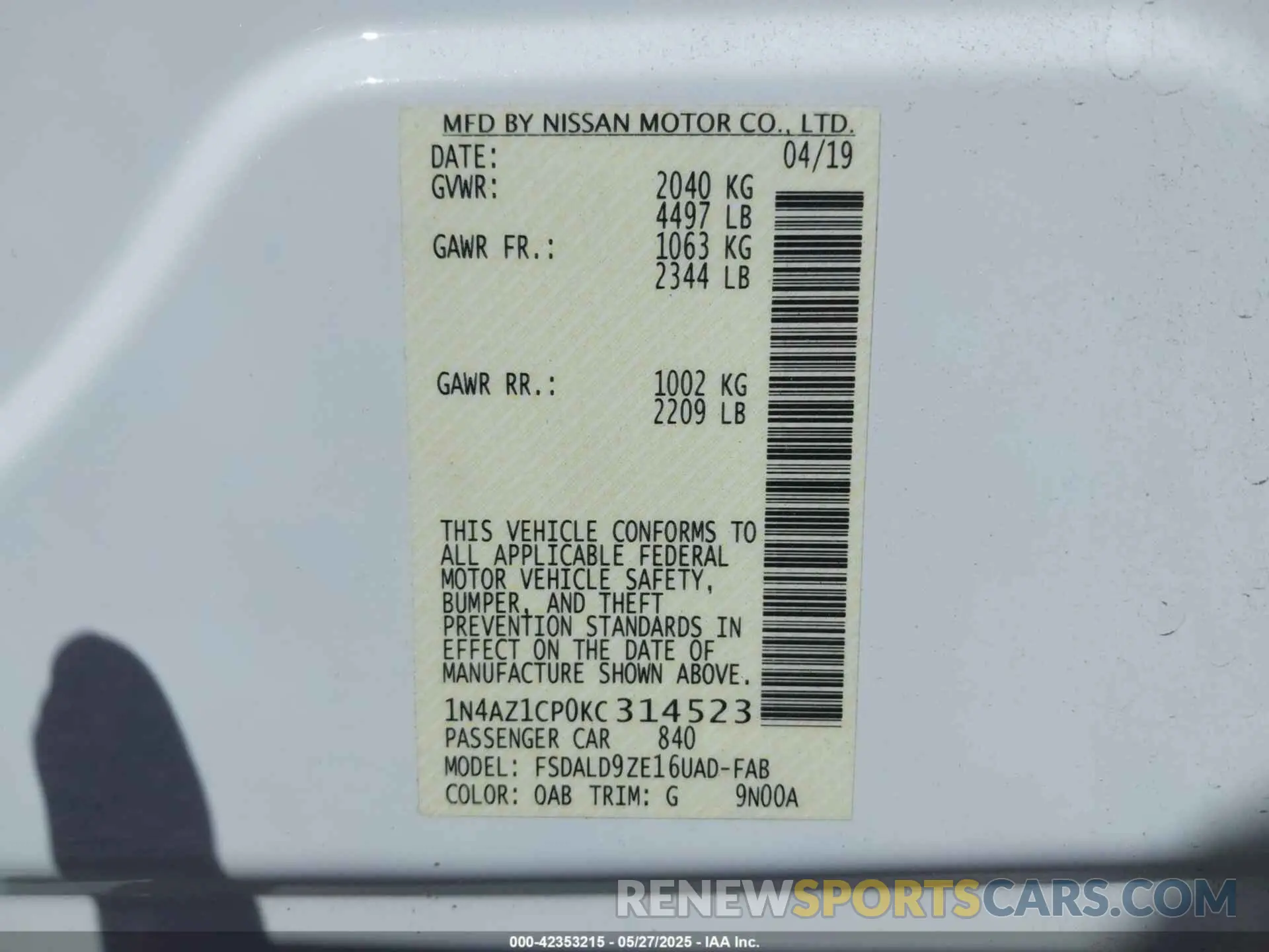 9 fotografías del automóvil dañado 1N4AZ1CP0KC314523 NISSAN LEAF 2019
