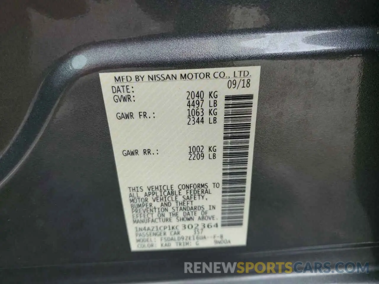 13 fotografías del automóvil dañado 1N4AZ1CP1KC302364 NISSAN LEAF 2019