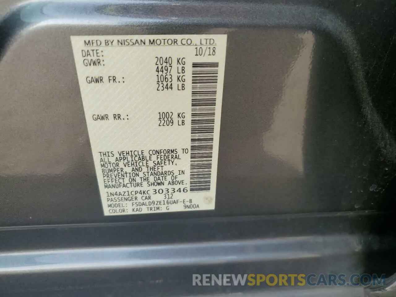 16 fotografías del automóvil dañado 1N4AZ1CP4KC303346 NISSAN LEAF 2019
