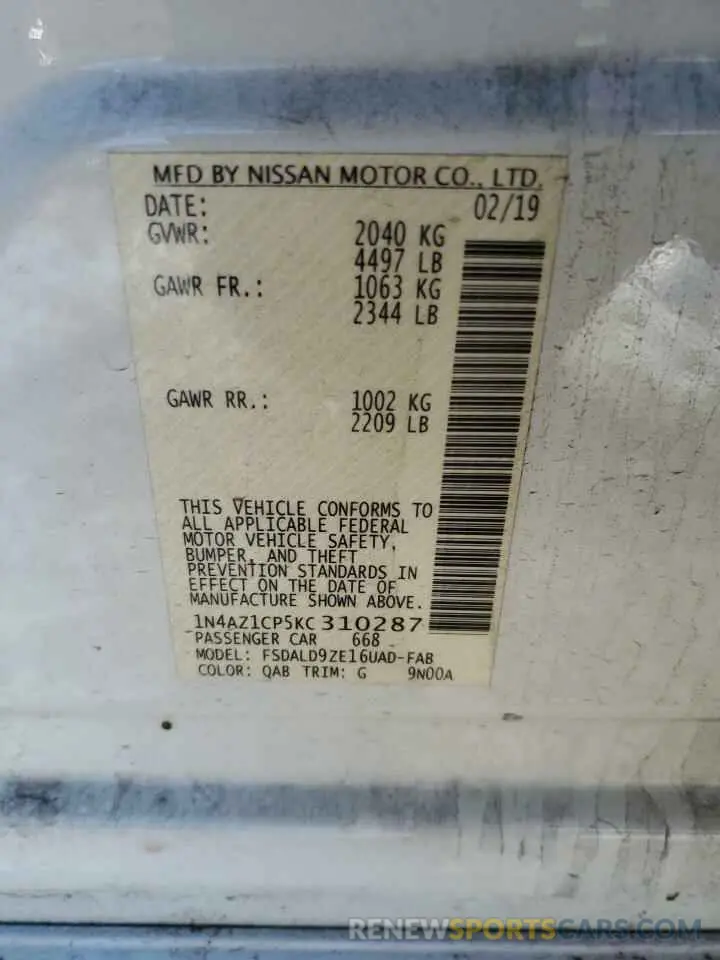 12 fotografías del automóvil dañado 1N4AZ1CP5KC310287 NISSAN LEAF 2019
