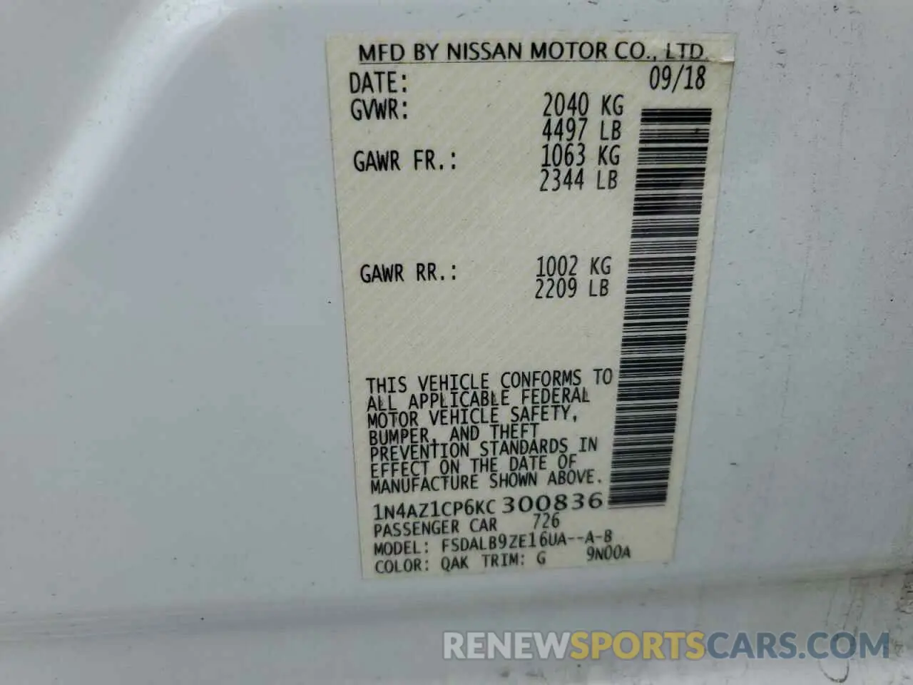 12 fotografías del automóvil dañado 1N4AZ1CP6KC300836 NISSAN LEAF 2019
