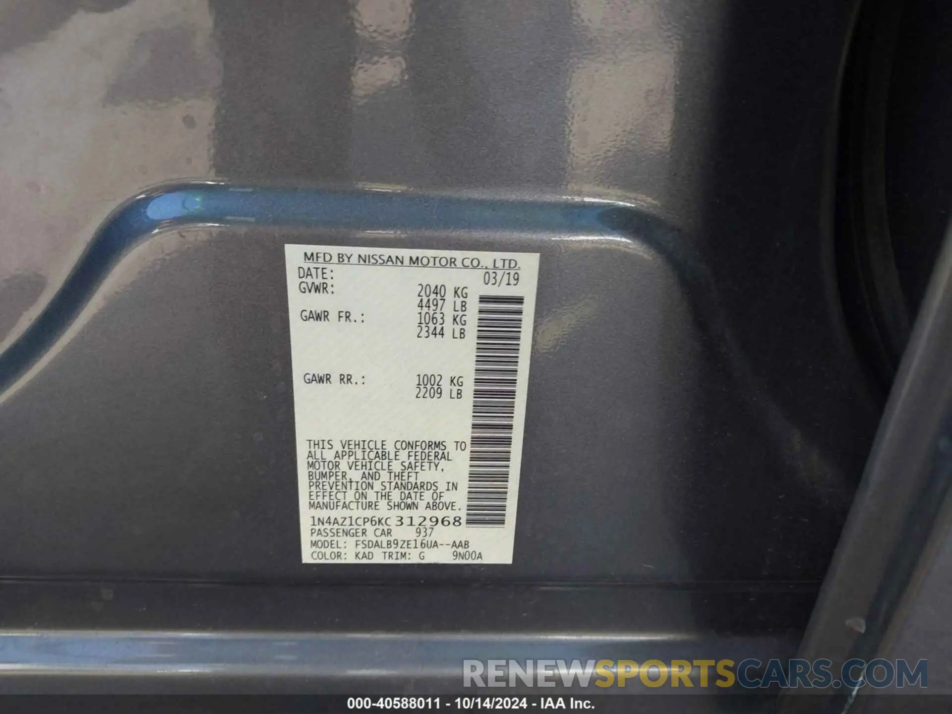 9 fotografías del automóvil dañado 1N4AZ1CP6KC312968 NISSAN LEAF 2019
