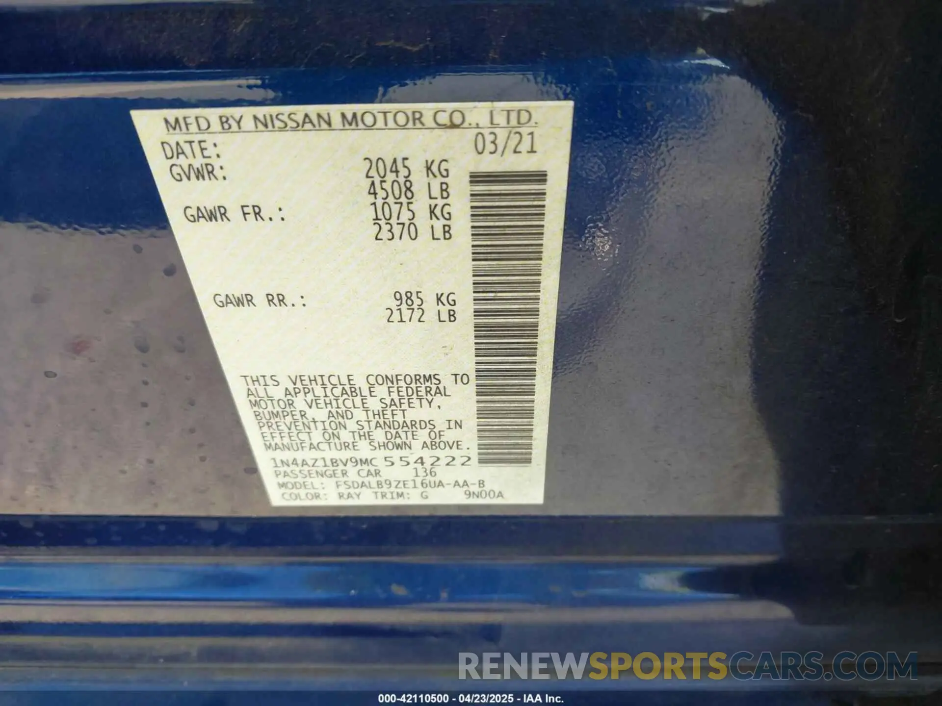 9 fotografías del automóvil dañado 1N4AZ1BV9MC554222 NISSAN LEAF 2021