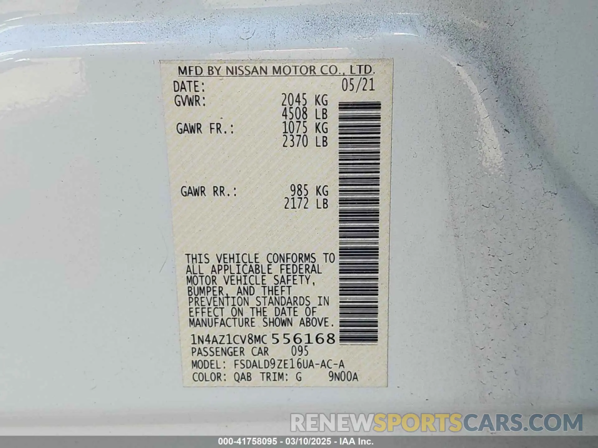 9 fotografías del automóvil dañado 1N4AZ1CV8MC556168 NISSAN LEAF 2021