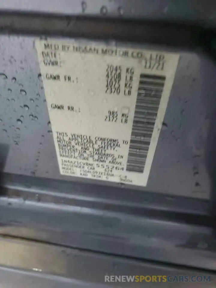 12 fotografías del automóvil dañado 1N4AZ1CV8NC555264 NISSAN LEAF 2022