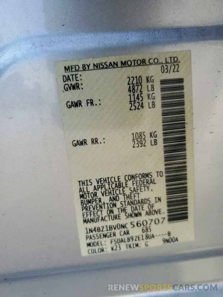 12 fotografías del automóvil dañado 1N4BZ1BV0NC560707 NISSAN LEAF 2022